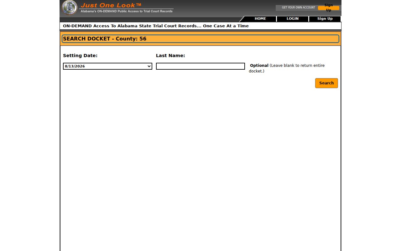Randolph County docket search fields for county code 56 and daily settings
