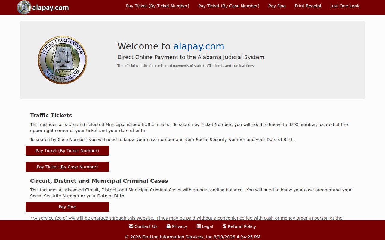 Alapay payment interface for Randolph County traffic court records
