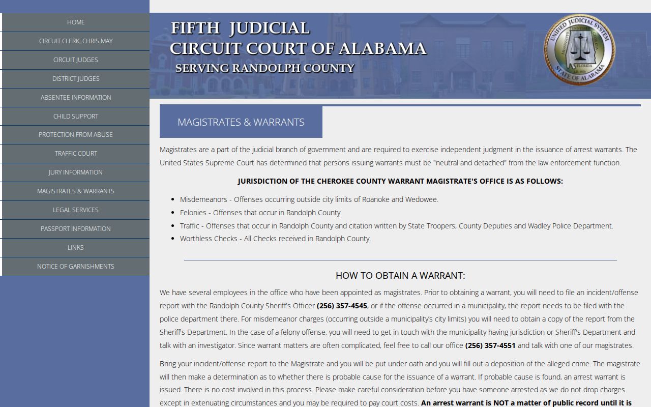Randolph County traffic court records routing on the magistrates page