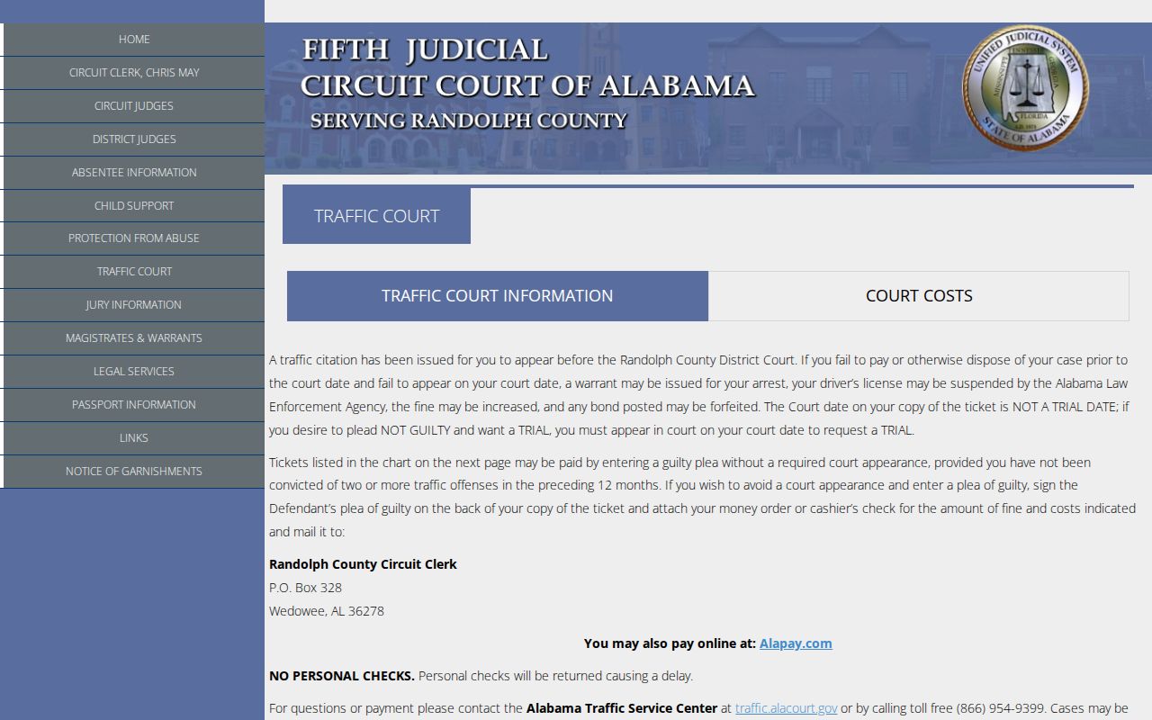 Randolph County traffic court records instructions and payable offenses